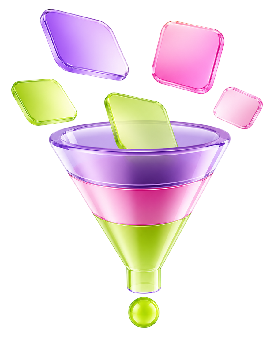 Colorful marketing funnel with floating cards
